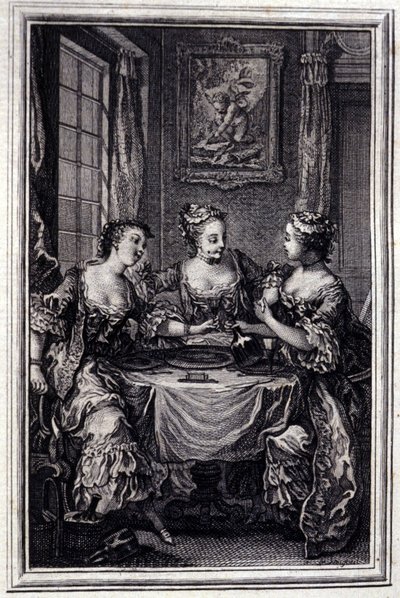 La Gageure des trois commeres – Jean La Fontaine „Mesék és novellák versben” című részében. 1776. Illusztráció: P. P. Choffard. alkotó: Pierre Philippe Choffard