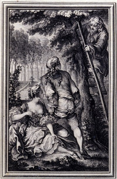 La Gageure des trois commeres – Jean La Fontaine „Mesék és novellák versben” című részében. 1776. Illusztráció: P. P. Choffard. alkotó: Pierre Philippe Choffard
