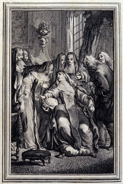 A beteg apátnő – Jean La Fontaine „Mesék és novellák versben” című művében. 1776. Illusztráció: P. P. Choffard. alkotó: Pierre Philippe Choffard