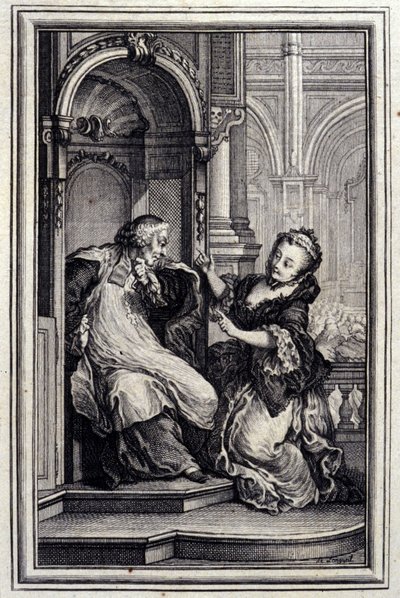 Le Mari gyóntató – Jean La Fontaine „” Mesék és novellák versben” című részében. 1776. Illusztráció: P. P. Choffard. alkotó: Pierre Philippe Choffard