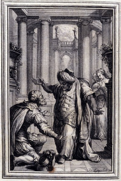 A kis kutya, aki pénzt és köveket lövell – Jean La Fontaine „Mesék és novellák versben” című részében. 1776. Illusztráció: P. P. Choffard. alkotó: Pierre Philippe Choffard