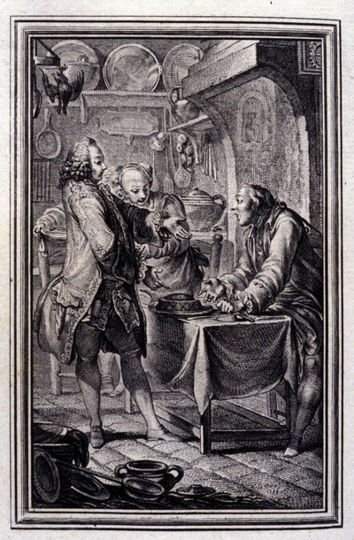 Angolna tészta. Jean La Fontaine „” Mesék és novellák versben” című könyvében. 1776. Illusztráció: P. P. Choffard. alkotó: Pierre Philippe Choffard