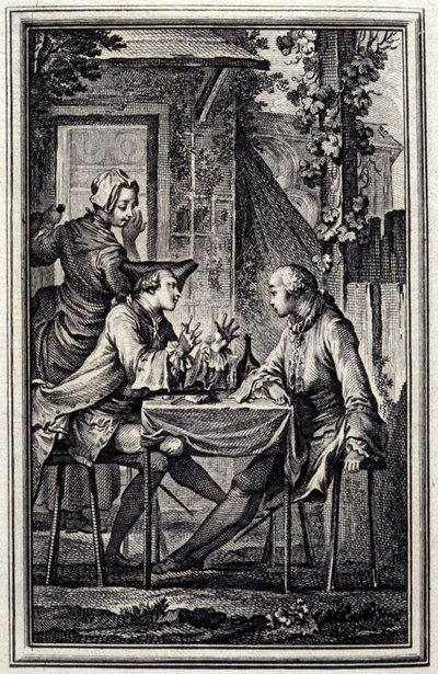 a fültanár vagy a kagylós raccomoder. Jean de La Fontaine "Tales et nouvelles en vers" című művében, Amszterdam 1776. illusztrálta P.P.Choffard. alkotó: Pierre Philippe Choffard