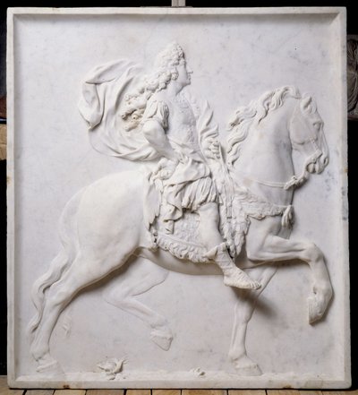 Alacsony dombormű, amely XIV. Lajost (1638-1715) ábrázolja lovon (szobor) alkotó: Pierre Puget