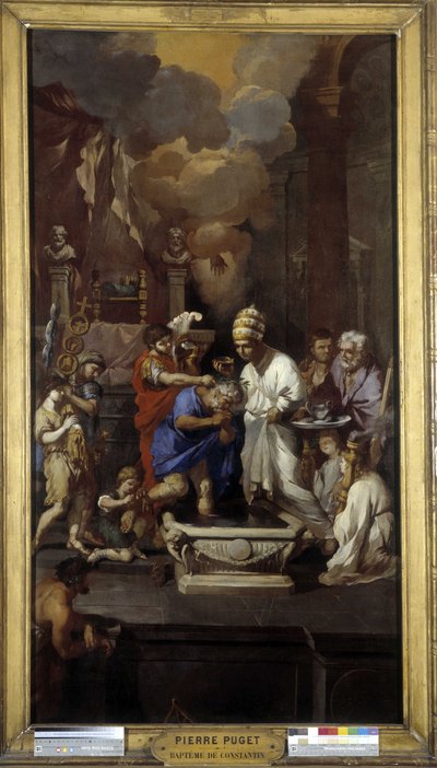 Konstantin megkeresztelkedése: Caius Flavius Valerius Aurelius Constantinus császár veszi át a szentséget I. Szilveszter (Szent) pápától a római Lateráni Szent János-bazilikában. alkotó: Pierre Puget