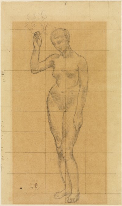 Stehender Frauenakt, schräg nach links, einen Kranz in der erhobenen Rechten alkotó: Pierre Puvis de Chavannes