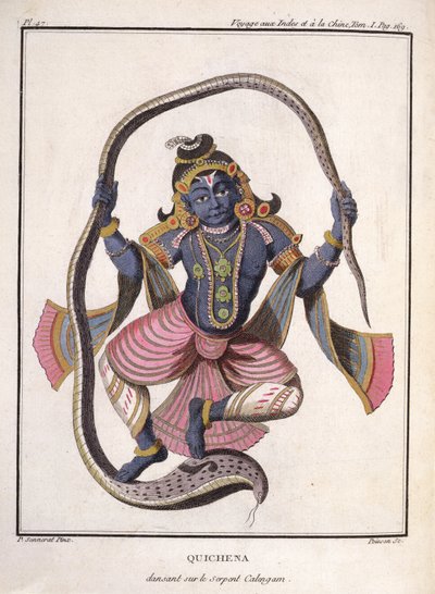 Krisna táncol a Kaliya kígyón, Pierre Sonnerat „Voyage aux Indes et a la Chine” című művéből, Poisson metszetével, 1782-ben megjelent alkotó: Pierre Sonnerat