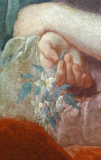 Egy fiatal nő keze, aki egy virágos ágat tart. Madame Poulhariex és lánya portréjának részlete, 1728 körül (olaj, vászon) alkotó: Pierre Subleyras
