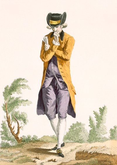 Egy fiatal polgári színésznövendék gondolataiba merülve, Dupin metszete, 22-es tábla a „Galeries des Modes et Costumes Francais”-ból, 1778-87 körül alkotó: Pierre Thomas Le Clerc