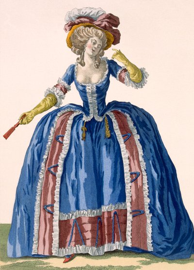Angol stílusú karikás ruha, elektromos kék színben, bordó rojtos szegéllyel, Bacquoy metszete, 182. sz. tányér a "Galeries des Modes et Costumes Francais", 1778-87 körüli 99:clothing; alkotó: Pierre Thomas Le Clerc