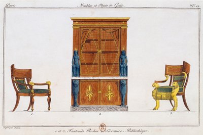 Fotelek és könyvtári íróasztal, 12-es tányér, illusztráció a Collection de meubles et objects de goutból (Bútorok és ízléses tárgyak gyűjteménye) alkotó: Pierre de La Mesangere