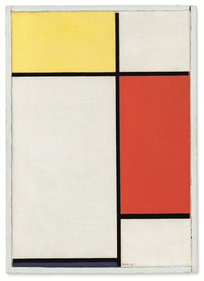Összetétel: Sárga, piros és kék színnel. alkotó: Piet Mondrian