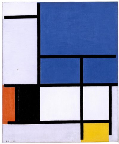 Kompozíció: nagy kék sík, piros, fekete, sárga és szürke alkotó: Piet Mondrian