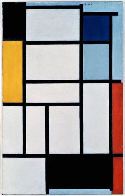 Összetétel piros, fekete, sárga, kék és szürke színekkel alkotó: Piet Mondrian
