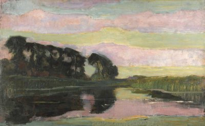 Folyami táj rózsaszín és sárgászöld égbolttal, kb. 1907-1908. alkotó: Piet Mondrian