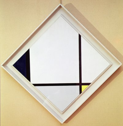 I. számú tábla: pasztilla három vonallal és kék, szürke és sárga színnel alkotó: Piet Mondrian