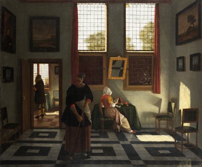 Belső tér festővel, olvasó nővel és söprögető cseléddel, 1665-70 körül (olaj, vászon) alkotó: Pieter (1623-82) Janssens