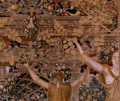 Flamand kárpit. Sorozatok Vertumnus és Pomona.Vertumnus átalakult gazdálkodóvá. A sorozat második kárpitja. Jobb oldali rész a Mirha nimfa átalakulása. Pieter Coecke van Aelst modellköre. Gyártás Wilhelm Pannemaker, Brüsszel. kb 1545- alkotó: Pieter (circle of) Coecke van Aelst