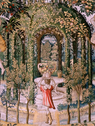 Flamand kárpit. Sorozat Vertumnus és Pomona; A Vertumnus kertészvé alakult át (Vertumno transformado en jardinero). A sorozat ötödik kárpitja. Pieter Coecke Van Aelst és Léonard Thiry modellköre. Gyártás Ismeretlen műhely, Brüsszel, befo alkotó: Pieter (circle of) Coecke van Aelst