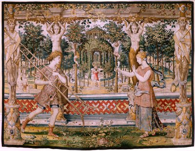 Flamand kárpit. Sorozat Vertumnus és Pomona; A Vertumnus kertészvé alakult át (Vertumno transformado en jardinero). A sorozat ötödik kárpitja. Pieter Coecke Van Aelst és Léonard Thiry modellköre. Gyártás Ismeretlen műhely, Brüsszel, befo alkotó: Pieter (circle of) Coecke van Aelst