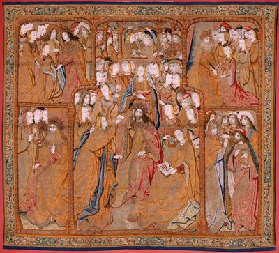 Flamand kárpit. Az anya diadalai vagy a Paños de Oro sorozat. Angyali üdvözlet (La Anunciación). A sorozat második kárpitja. Colin de Cooter modell (?). Gyártás Pieter van Aelst (vagy van Edingen), Brüsszel. Körülbelül 1500-1502. Szövet Arany, ezüst, selye alkotó: Pieter (studio of) Coecke van Aelst