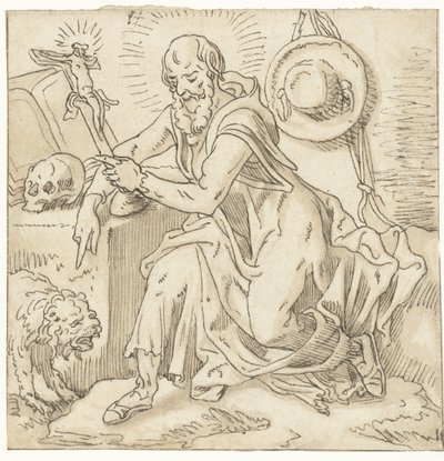 Szent Jeromos egy feszület, könyv és koponya mellett ül alkotó: Pieter Aertsen (workshop of)