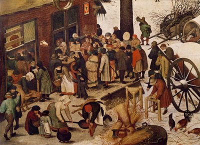 A betlehemi népszámlálás, a népszámlálási hivatal részlete alkotó: Pieter Bruegel the Elder