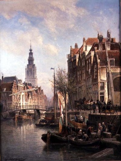 Utcai jelenet a csatornán alkotó: Pieter Christiaan Cornelis Dommelshuizen