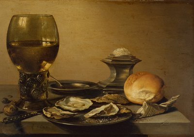 Reggeli csendélet osztrigából, sós kenyérből és diófélékből (olaj) alkotó: Pieter Claesz