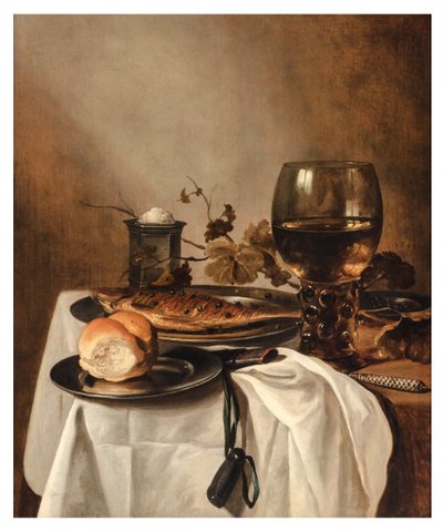 Tekercs, hering, ezüst sótartó, nagy roemer és kés terített asztalon, 1644 körül (olaj a panelen) alkotó: Pieter Claesz