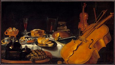 Csendélet hangszerekkel Teknősbéka, pite, pohár bor, kenyér. Pieter Claesz (1597-1661) festménye (ec.holl.) 1623 V. 0,69x1,22 m alkotó: Pieter Claesz