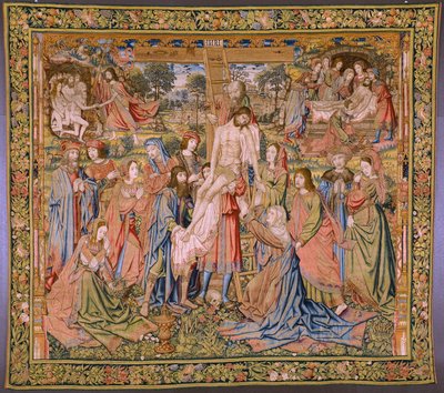 Flamand kárpit. Sorozat Krisztus szenvedése: Leszállás a keresztről (Kruisafneming, Descendimiento de la cruz). Gyártás Pieter van Aelst. Jan van Roome karikaturista. Körülbelül 1507-1520. alkotó: Pieter Coecke van Aelst