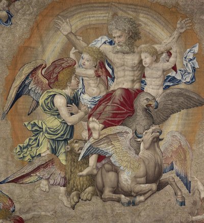 Az Atyaisten a negyedik apostol (tetramorfosz) szimbólumaival, a Szentháromság néven alkotó: Pieter Coecke van Aelst