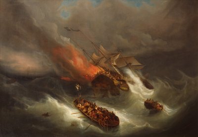 A Kent kereskedelmi hajó teljes pusztulása a tűz által (olaj, vászon) alkotó: Pieter Cornelis Dommerson