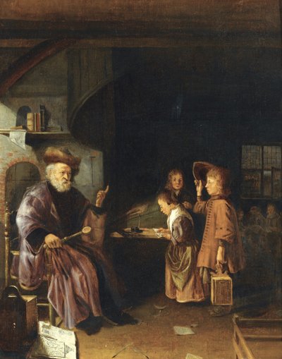 Egy iskolamester, aki egy osztályteremben tanítja tanítványait, a 17. század közepe alkotó: Pieter Cornelisz. van Egmondt