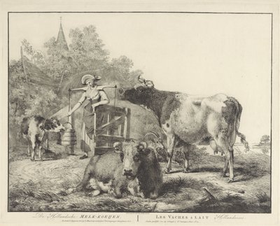 Tehenek és egy fejőslány De Hollandsche Melk-koeijen/ Les vaches â lait hollandaises (cím a tárgyon) alkotó: Pieter Gerardus van Os