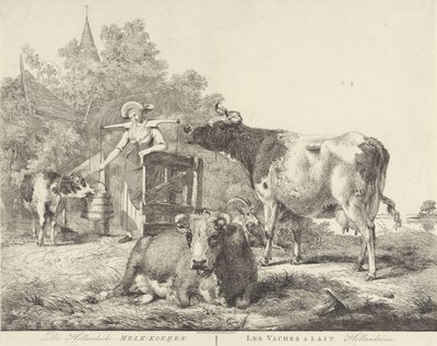 Tehenek és fejőslány De Hollandsche Melk-koeijen/ Les vaches â lait hollandaises (cím a tárgyon) alkotó: Pieter Gerardus van Os