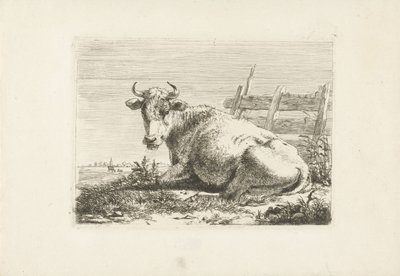 Kerítés mellett fekvő tehén Tehenek (sorozat címe) alkotó: Pieter Gerardus van Os