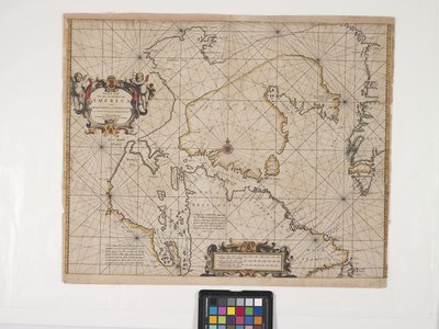 Amerika legészakkeletibb partjának új térképe (gravírozás kézzel színezett törtfehér papírra) alkotó: Pieter Goos