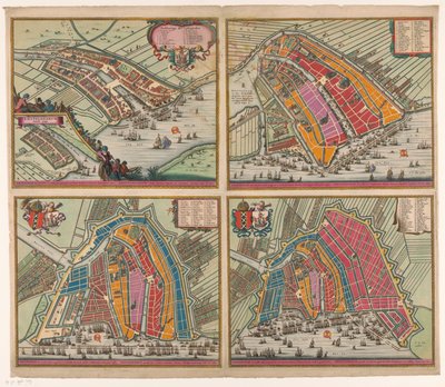 Négy Amszterdam térkép 1400-tól 1612-ig Amsteldam soo it selve már omhaynt (...) (cím a tárgyon) Amszterdam másodszorra nagyítva először Steene Mueren inden jaere 1482 (...) (cím a tárgyon) felirattal bővült Amsteldam negyedik alkotó: Pieter Hendricksz. Schut (possibly)