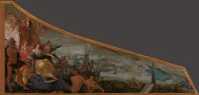 Amszterdam mint a világkereskedelmi központ Festmény csembalófedőn Amszterdam allegóriájával, mint a világkereskedelem központjával alkotó: Pieter Isaacsz.