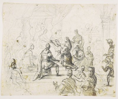A trónon király előtt térdelő alakok alkotó: Pieter Isaacsz