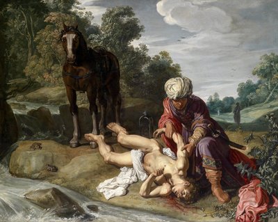 Az irgalmas szamaritánus ellátja az utazó sebeit (Lukács 10:25-37) alkotó: Pieter Lastman