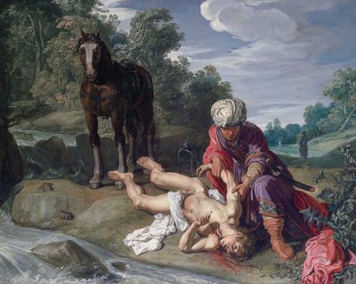 Az irgalmas szamaritánus ellátja az utazó sebeit (Lukács 10:25-37) alkotó: Pieter Lastman