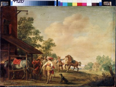 Forge (A Forge). Patkolókovács (patkolókovács), aki patkót húz. Pieter Meulenaer festménye (Peter vagy Pierre alkotó: Pieter Meulener