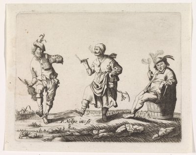 Táncoló gazda és farmer felesége és egy férfi a hordón alkotó: Pieter Nolpe