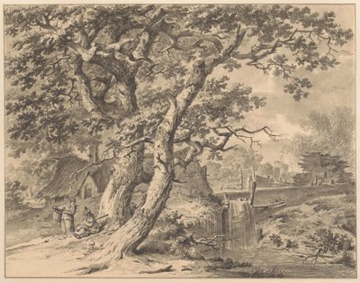 Táj egy vízeséssel két nagy fa alatt alkotó: Pieter Pietersz. Barbiers
