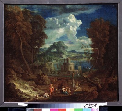 Táj fürdő nimfákkal. Pieter I Rysbraeck (1655-1729) festménye. Olaj, vászon, 50 x 58 cm. Flamand művészet, barokk művészet. Puskin Szépművészeti Múzeum, Moszkva. alkotó: Pieter Rysbrack