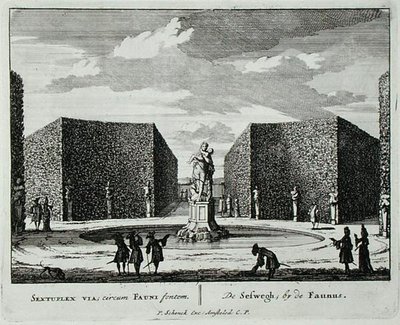 Hatszögletű sövény faun szökőkút mellett, az „Admirandorum Quadruplex Spectaculum”-ból, Jan van Call (1656-1703), 1715 előtt megjelent (metszet) alkotó: Pieter Schenk
