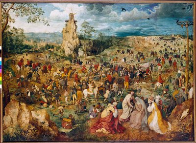 Krisztus hordozza a keresztet (Carrying the cross). Pieter Bruegel (vagy Breugel vagy Brueghel vagy Breughel) festménye az előbbi (1525-1569). 1564. Olaj, fa. Méret: 1,24 x 1,70 m. Bécs, Kunsthistorisches Museum. alkotó: Pieter Bruegel the Elder